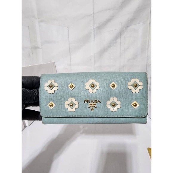 Authentic Prada Saffiano Fiori Wallet Blue
